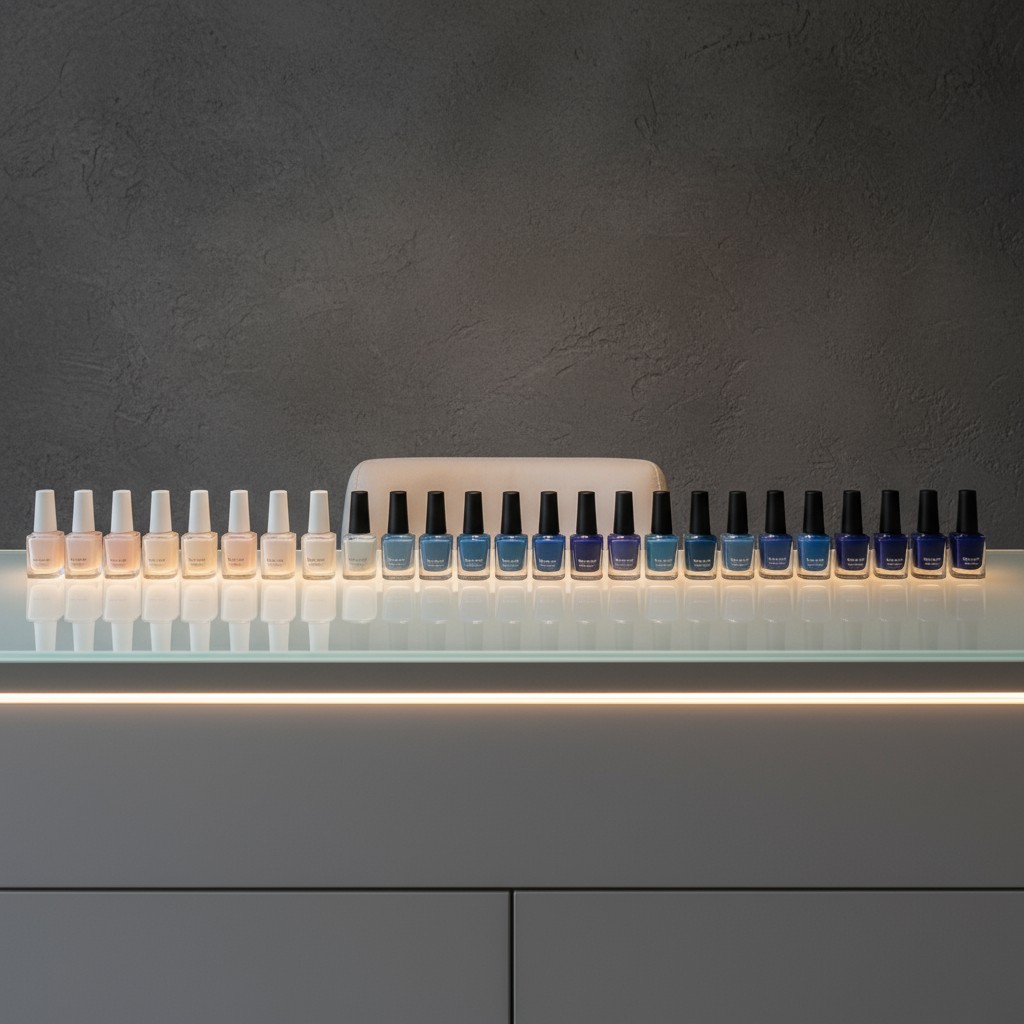 The bottles of nail polish for purchase at a salon or nail store.
