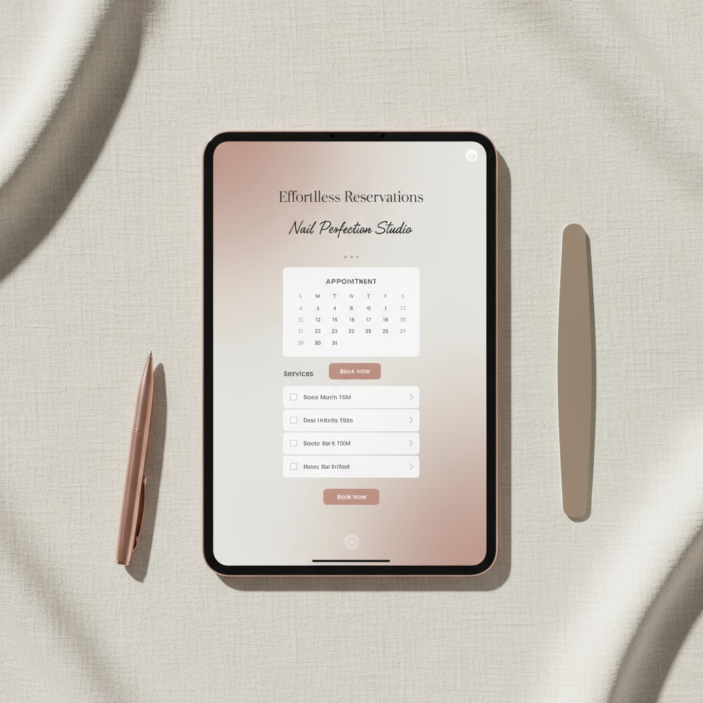 Digital tablet displaying a salon appointment booking app, surrounded by a pen and nail file on a beige fabric background.