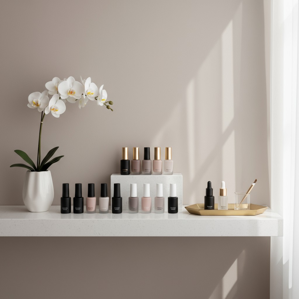 A shelf featuring various bottles of nail polish in neutral colors, a white orchid in a pot, and a gold tray with beauty p...