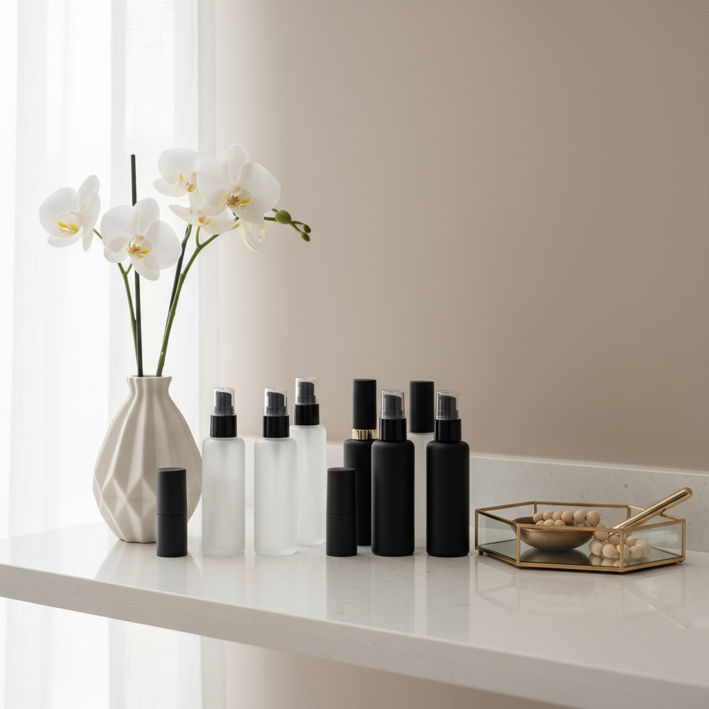 A photo of various skincare containers on a white countertop, a bowl of skincare balls in a gold cube, and an orchid in a ...