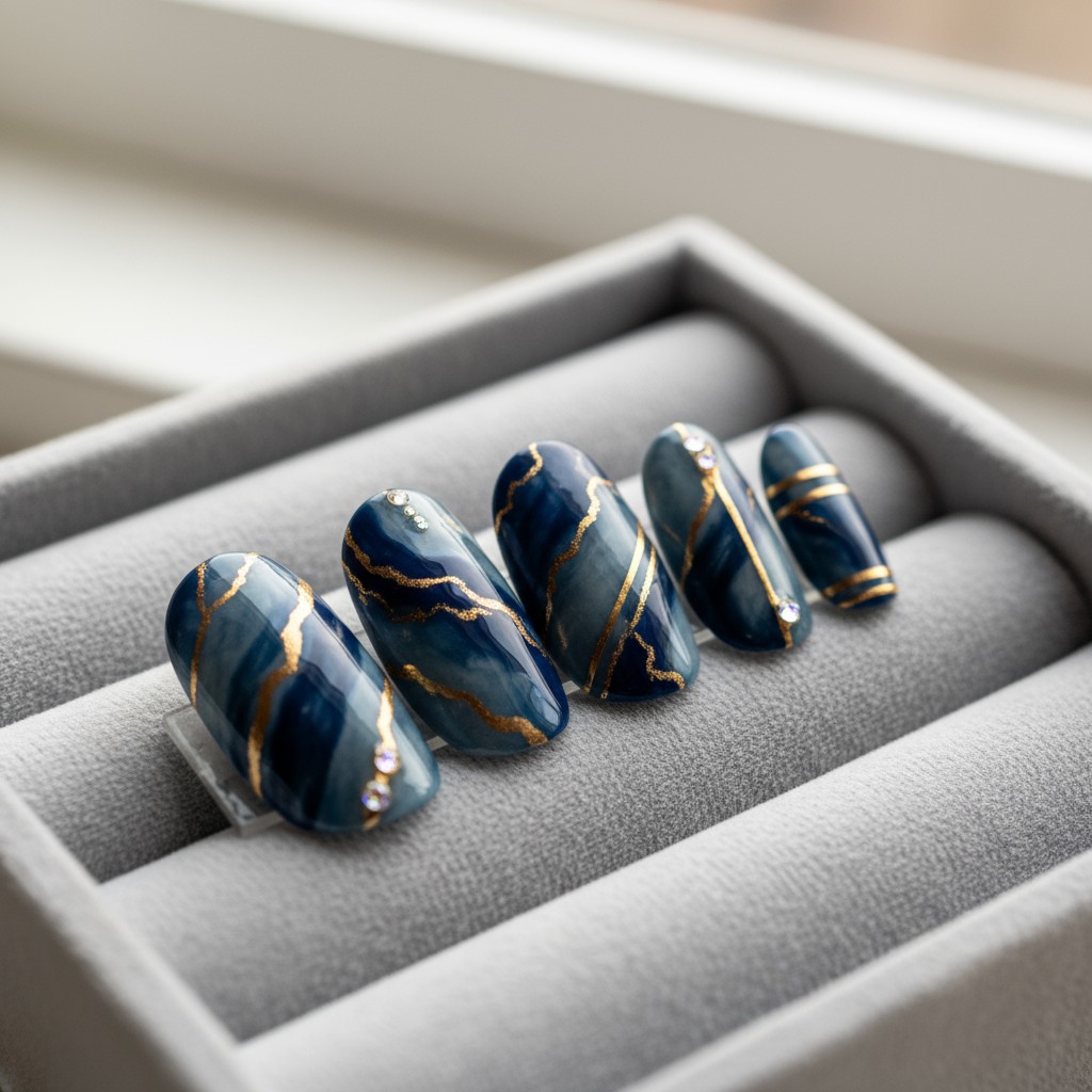 The alt text for this image is: A gray velvet nail case containing 5 dark blue nails with gold lines and decorative rhines...